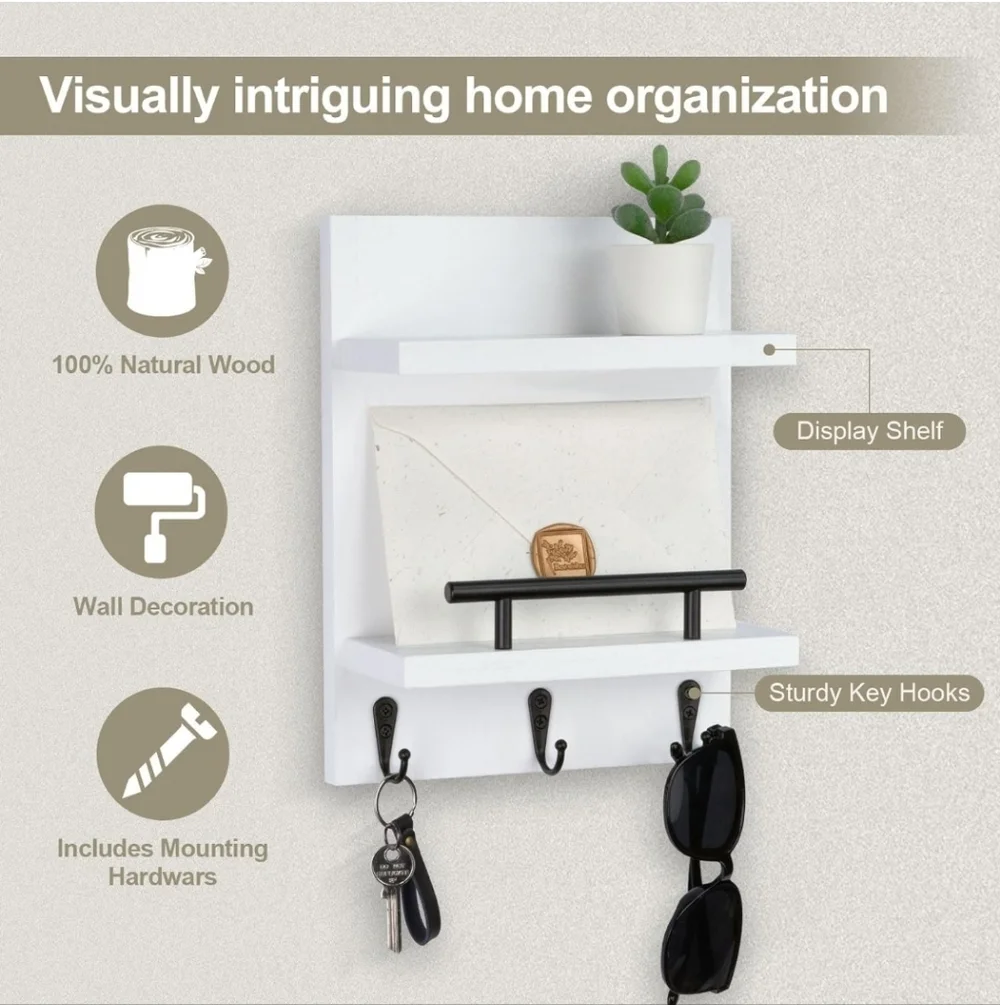 White Wall Organizer Shelf with Black Accent - Home Wall Decor